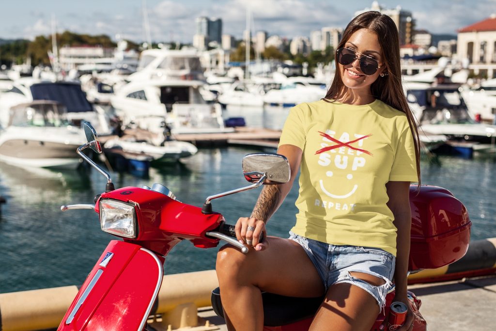 Eat sleep sup repeat sup stand up paddling tee shirt gift idea woman on vespa in harbour 