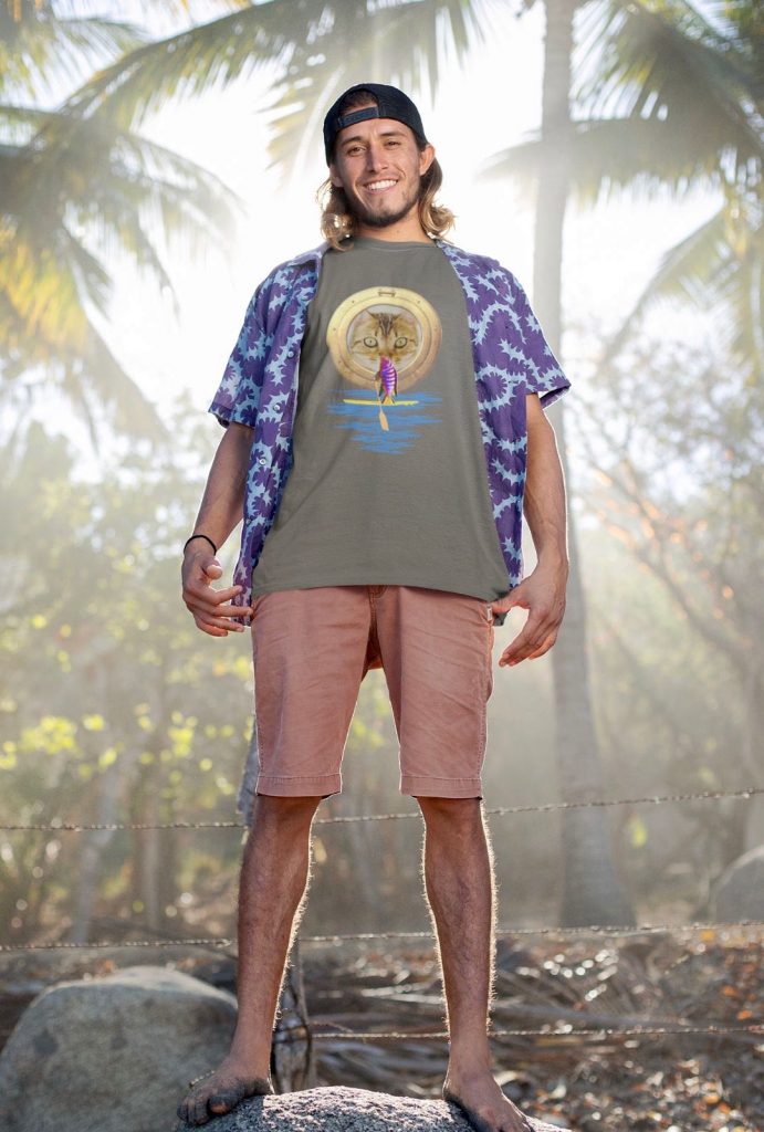 Man on stone under palm trees with cool t-shirt cat cute paddleboarding fish on SUP board present present idea