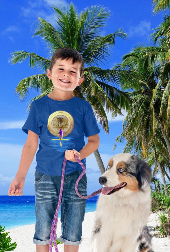Boy with dog on the beach. Cool t-shirt with funny, cute cat watching a stand up paddling fish on SUP present gift idea