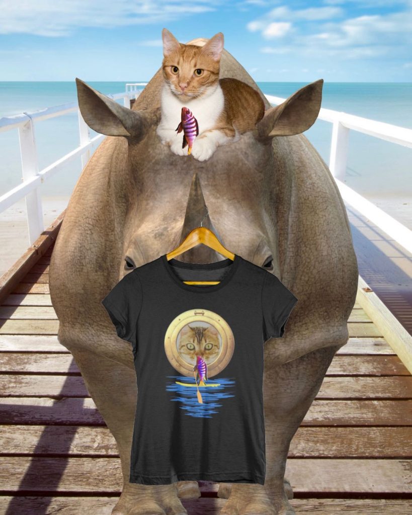Rhinoceros with Cat and Fish on Head Photo Montage T-Shirt Stand Up Paddling Funny Gift Idea Present